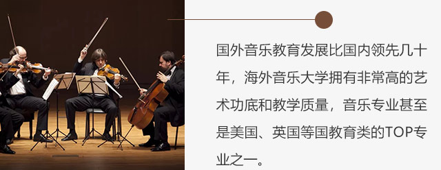 国外音乐教育发展比国内领先几十年，海外音乐大学拥有非常高的艺术功底和教学质量，音乐专业甚至是美国、英国等国教育类的Top专业之一。